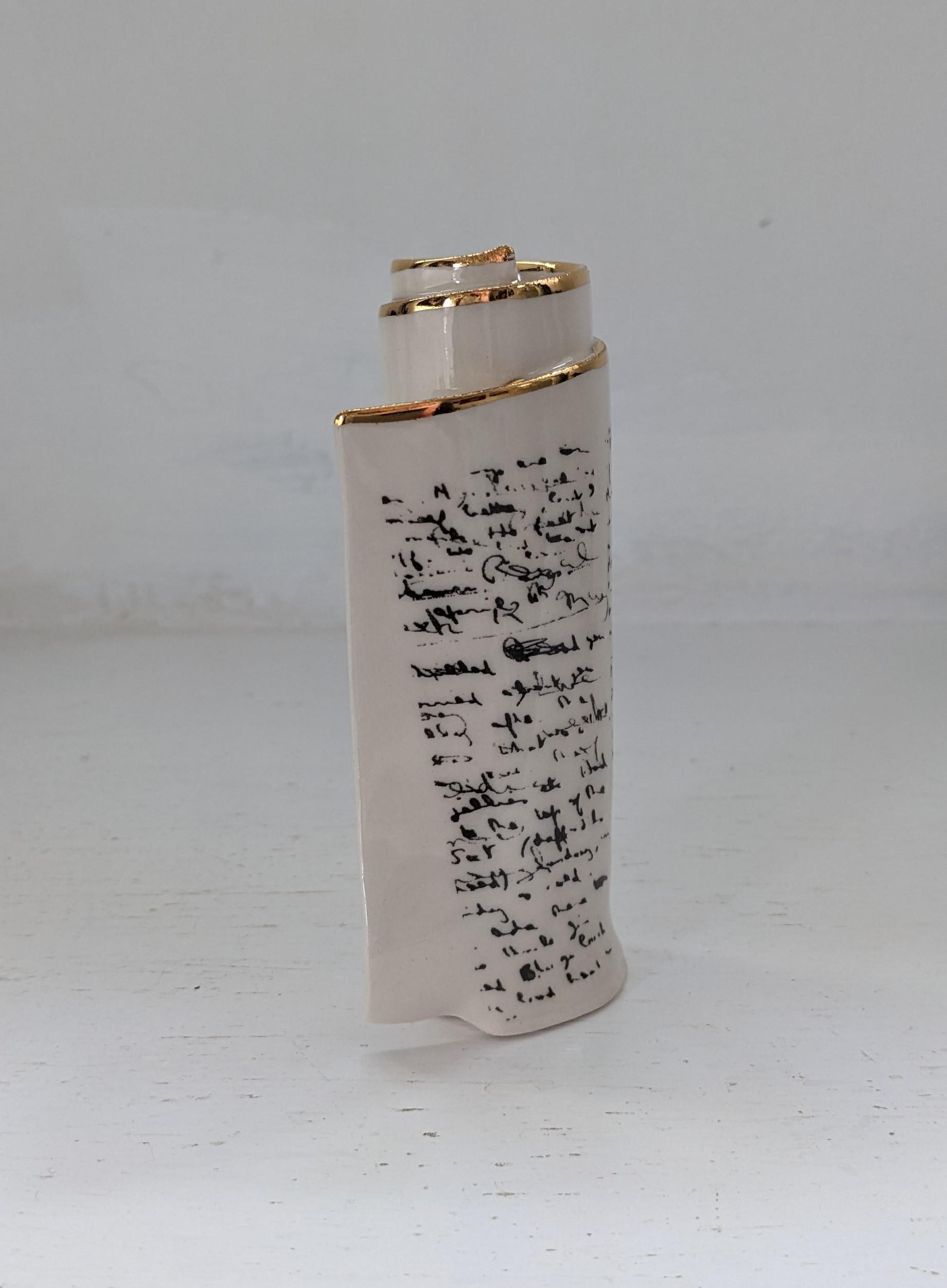 Small White Script Scroll Bud Vase