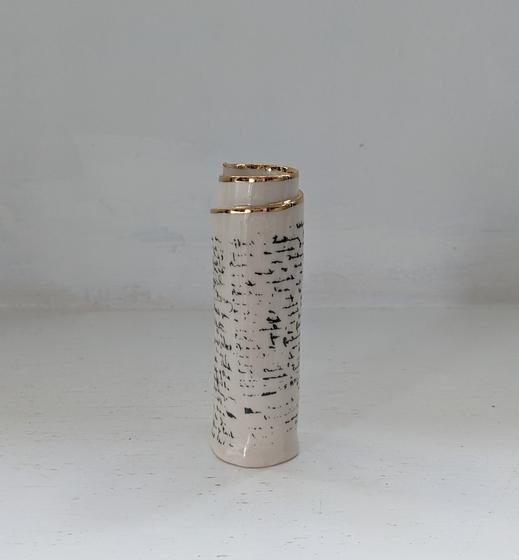 Small White Script Scroll Bud Vase