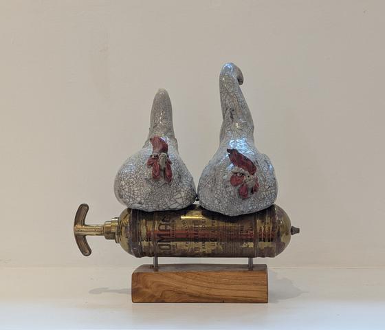 Double Chix on Antique Fire Extinguisher